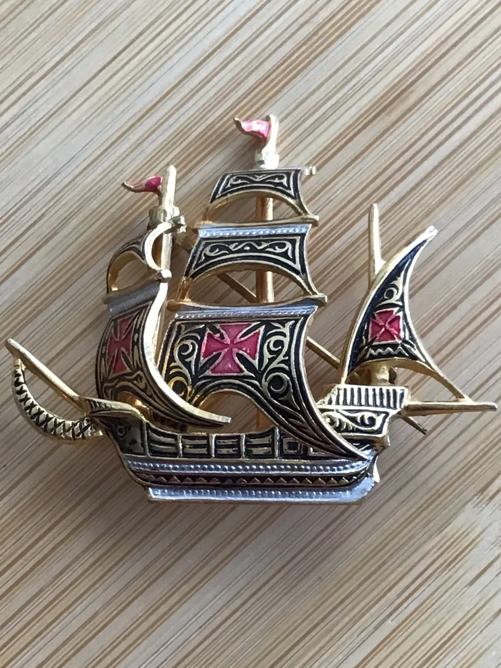 Vintage Spain Gold Tone and Red Cross Ship Brooch with Black Accents